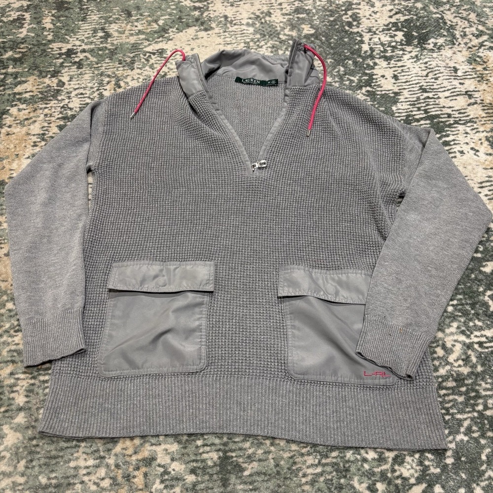 Lauren Ralph Lauren 1/4 Zip Waffle Knit Sweater Jacket Gray Pockets M